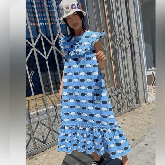 NEW LISA SAYS GAH Stevie Blue Novelty Counting Sheep Print Denim Midi Dress XS - Picture 1 of 17
